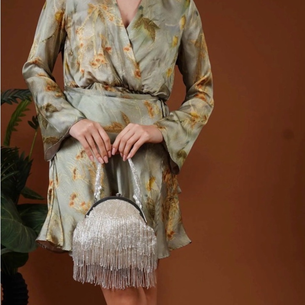 Zara Satin Mini Dress in Sage Green with Gold Floral - Picture 2 of 10